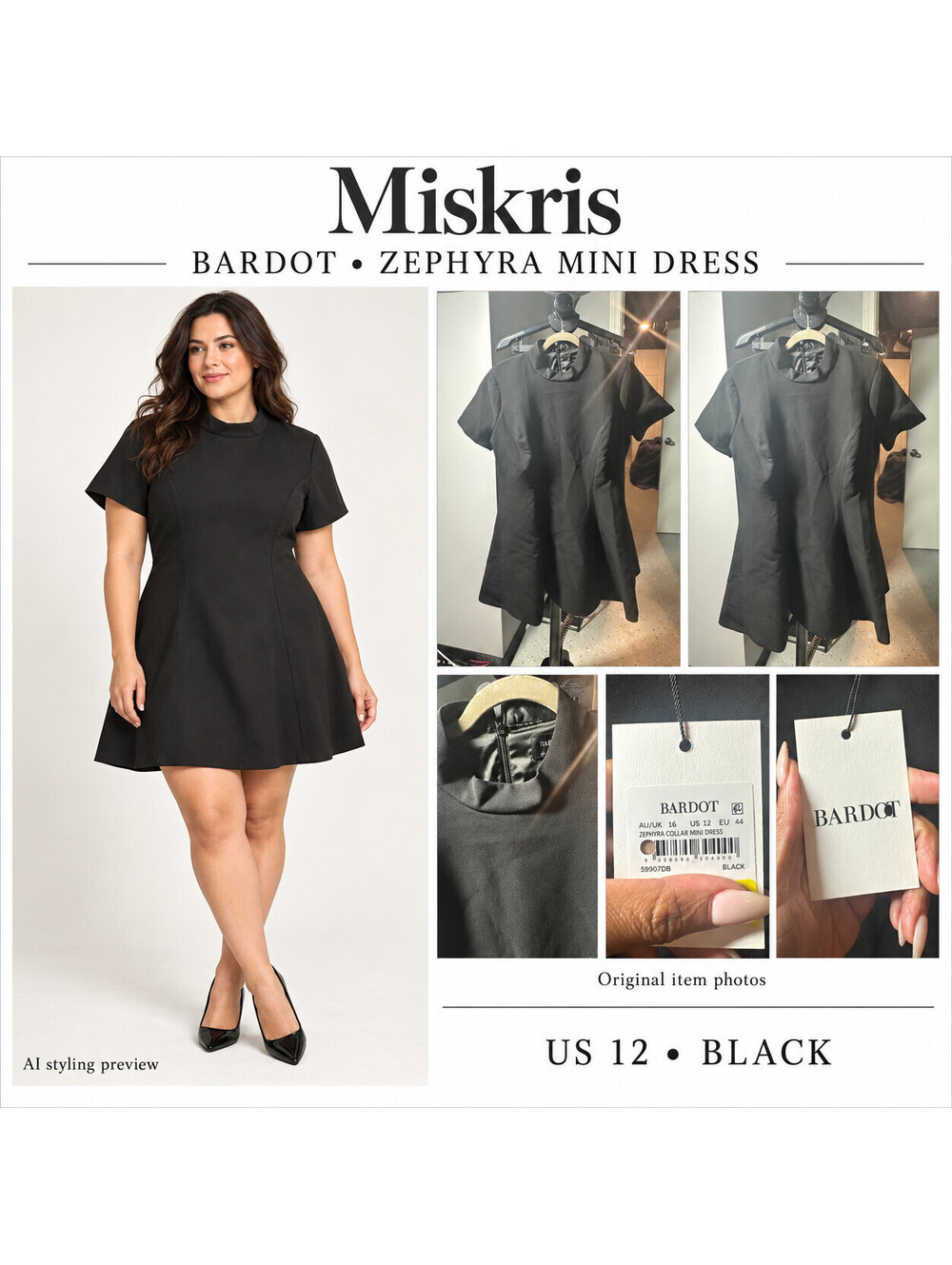 Bardot Zephyra Collar Mini Dress Womens US 12 Black Short Sleeve Fit Flare NWT